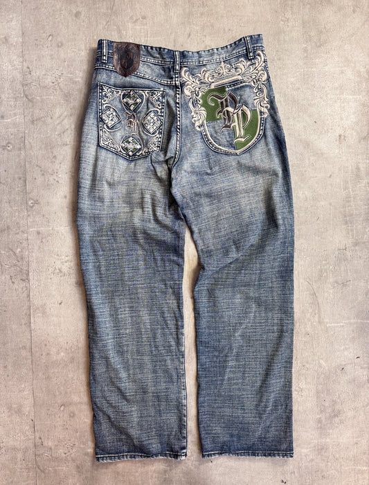 Pelle Pelle Embroidered Logo Crest Distressed Jeans