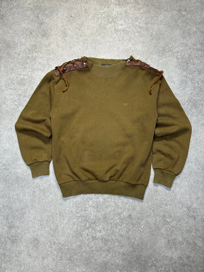 80s Vintage Armani Leather Lace-up Khaki Sweater