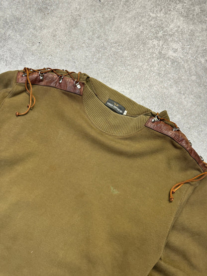 80s Vintage Armani Leather Lace-up Khaki Sweater