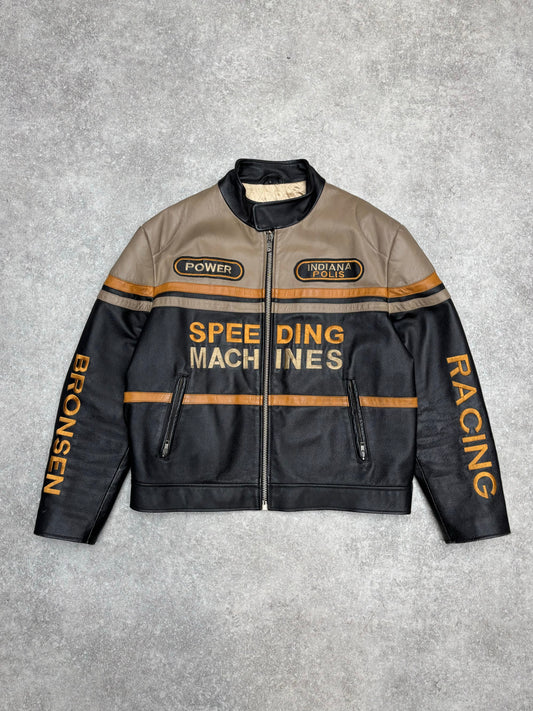 00s Bronsen Racing 'Speeding Machines' Embroidered Leather Jacket