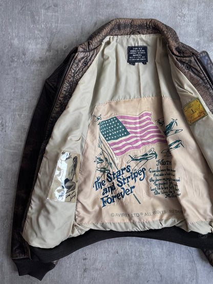 1990's Avirex A-2 Distressed Brown Leather Flight Jacket