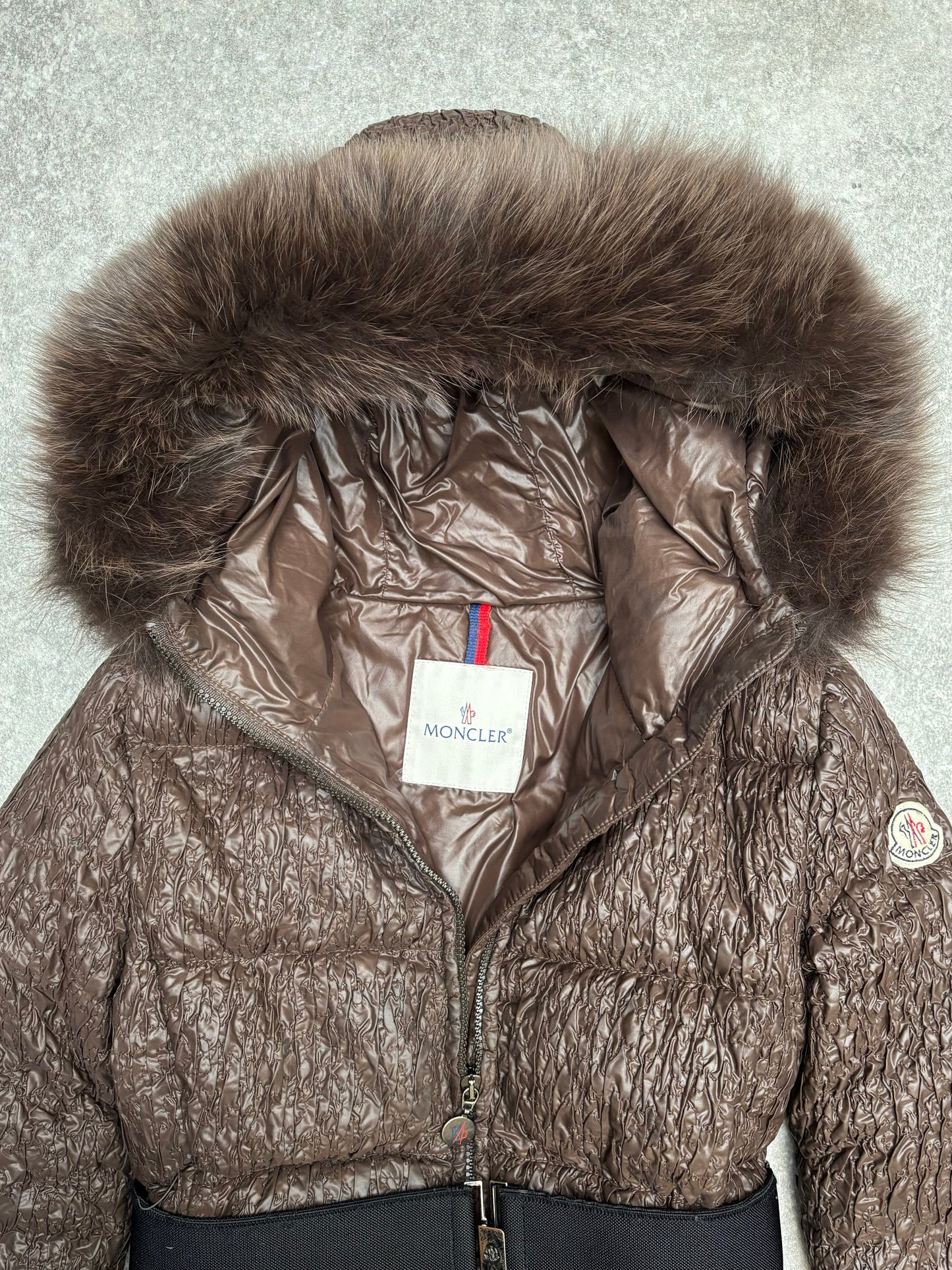 Moncler Fox Fur Trimmed Ruched Feather Down Jacket