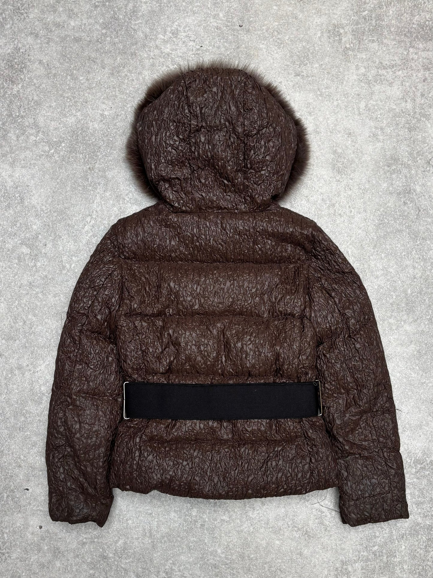 Moncler Fox Fur Trimmed Ruched Feather Down Jacket