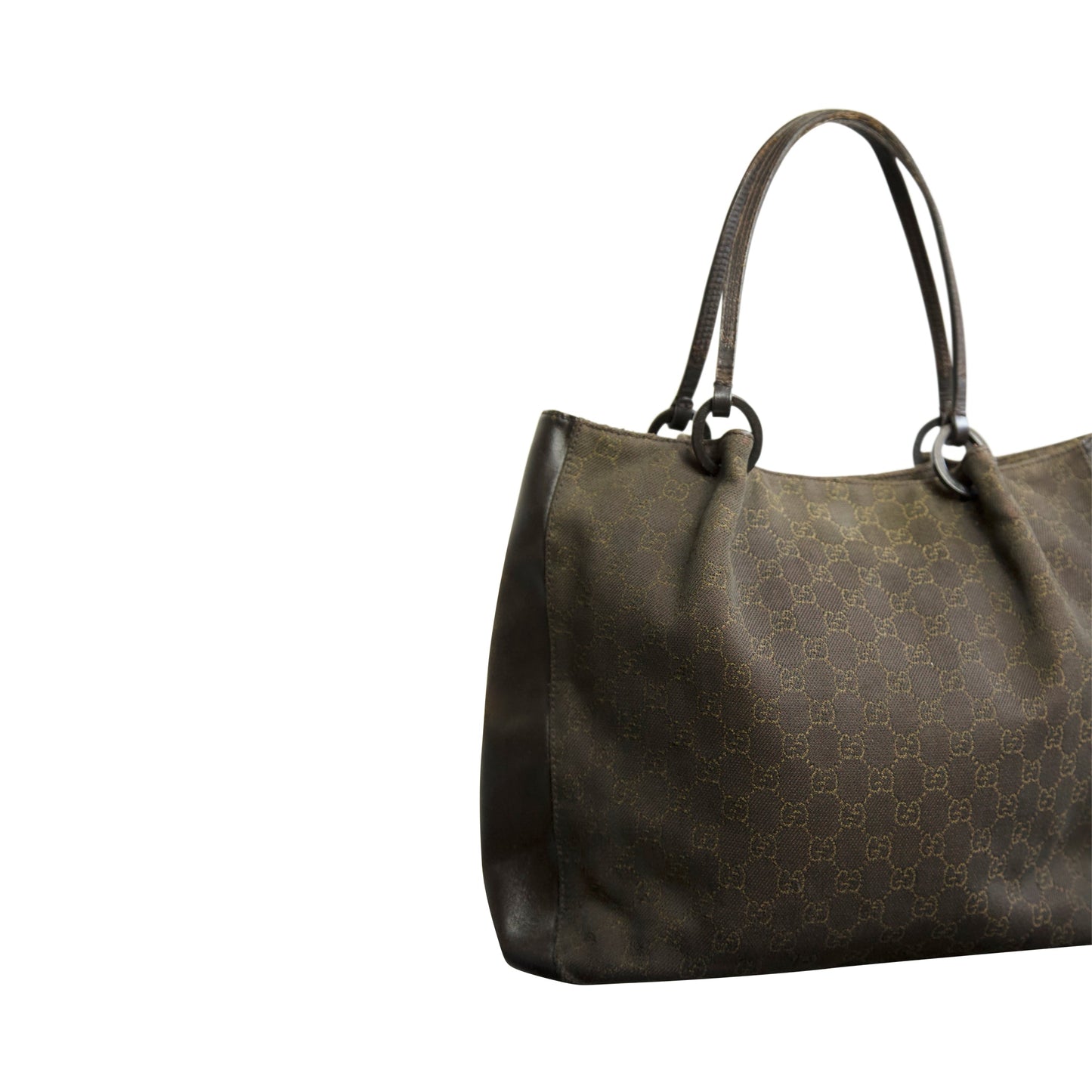 Gucci GG Canvas Dark Brown Leather Handle Tote Bag