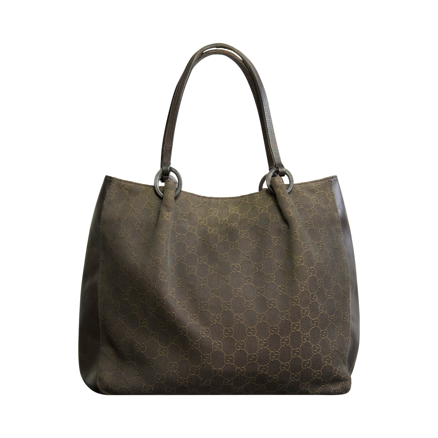 Gucci GG Canvas Dark Brown Leather Handle Tote Bag