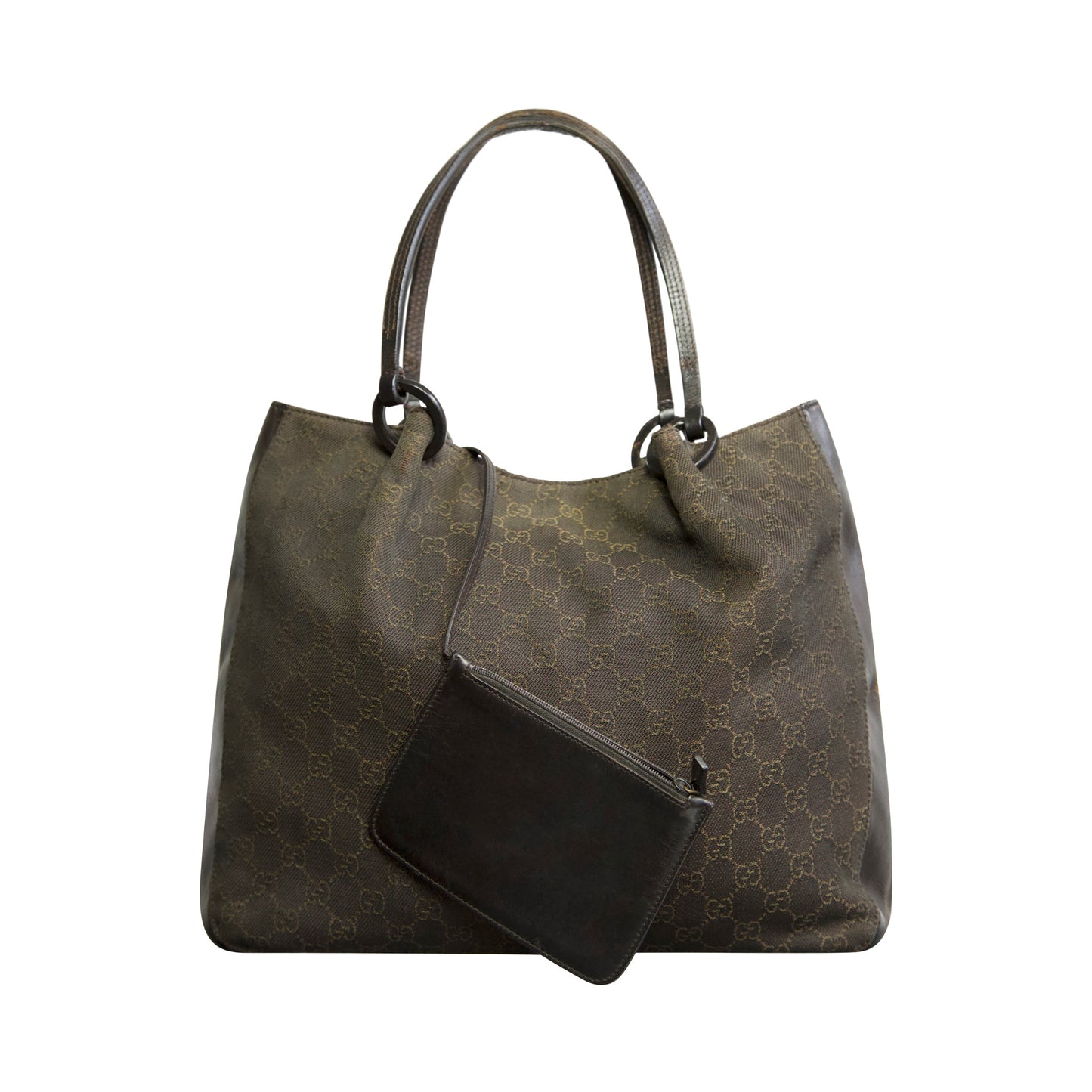 Gucci GG Canvas Dark Brown Leather Handle Tote Bag