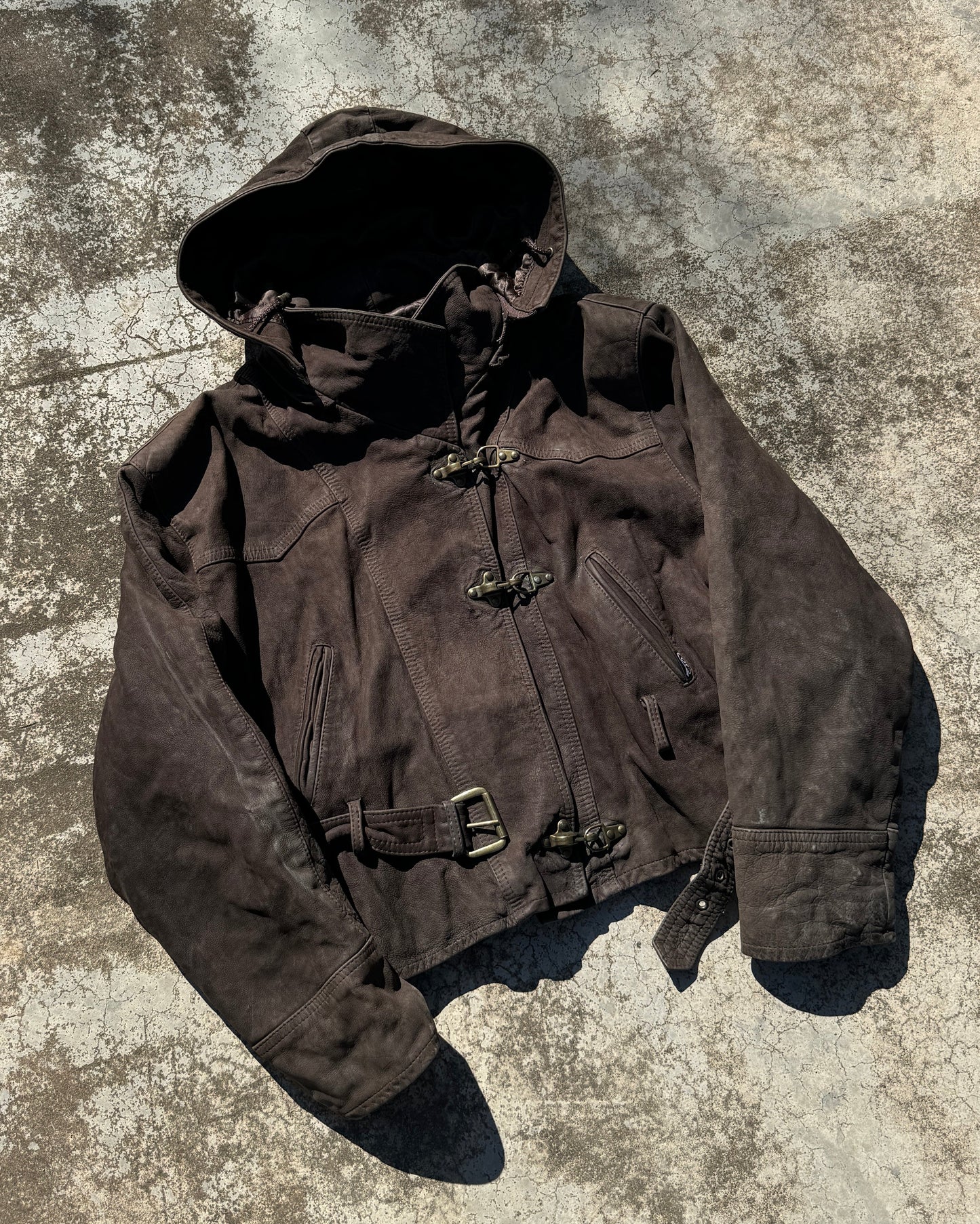 90's Fireman Clasp Hooded Leather Jacket - M | Medium, Brown