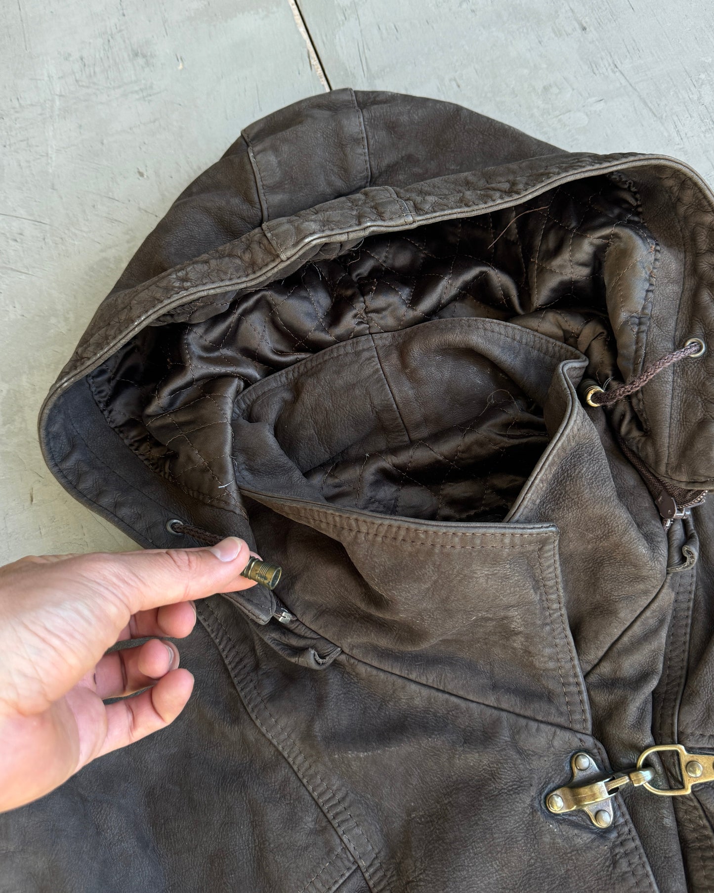 90's Fireman Clasp Hooded Leather Jacket - M | Medium, Brown