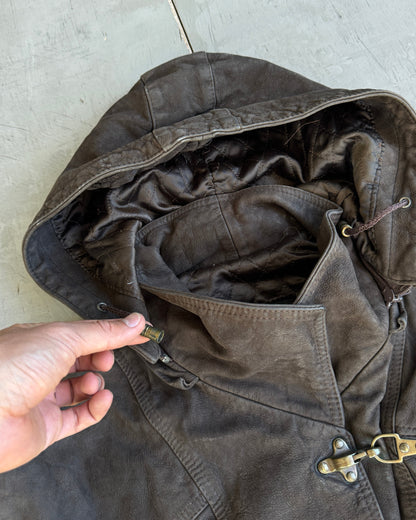 90's Fireman Clasp Hooded Leather Jacket - M | Medium, Brown