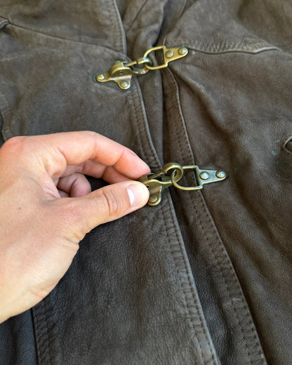 90's Fireman Clasp Hooded Leather Jacket - M | Medium, Brown