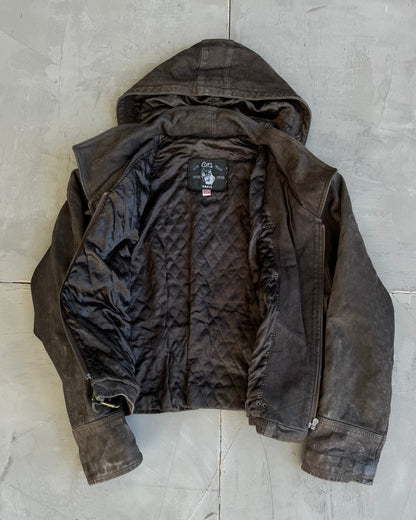 90's Fireman Clasp Hooded Leather Jacket - M