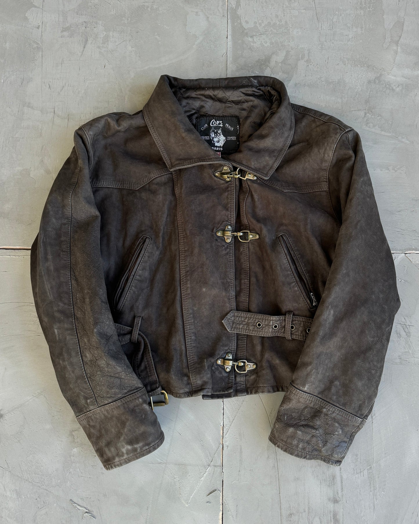 90's Fireman Clasp Hooded Leather Jacket - M