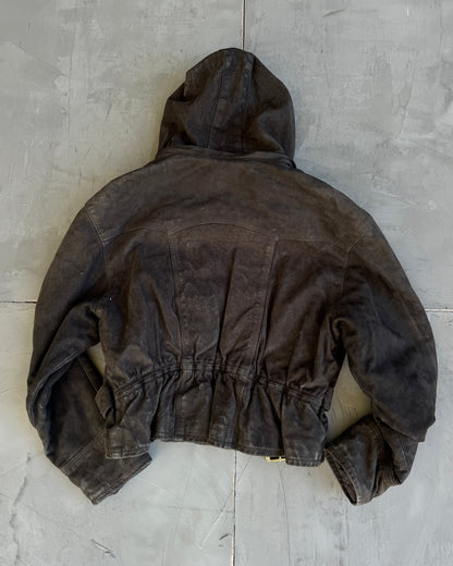 90's Fireman Clasp Hooded Leather Jacket - M | Medium, Brown