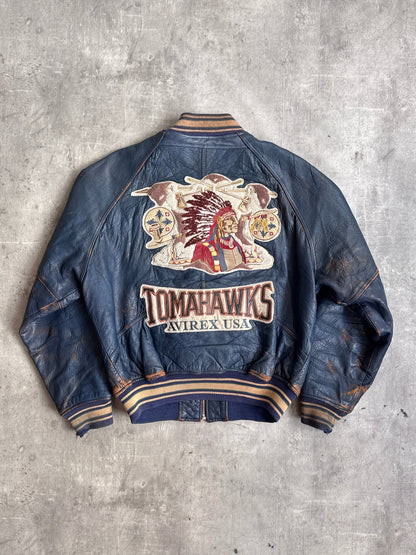 1980's Avirex Varsity Tomahawks Emboidered Blue Leather Bomber