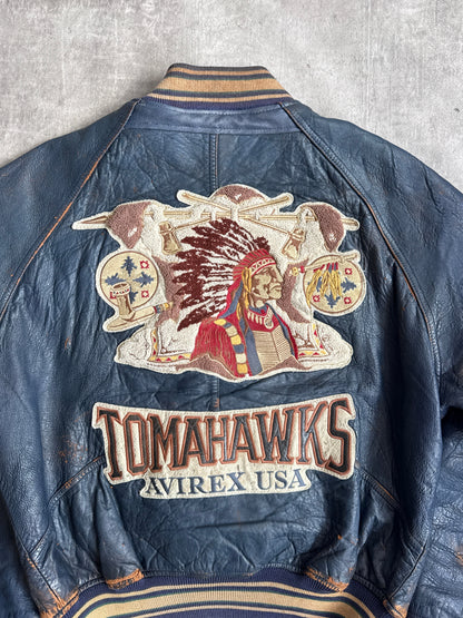 1980's Avirex Varsity Tomahawks Emboidered Blue Leather Bomber