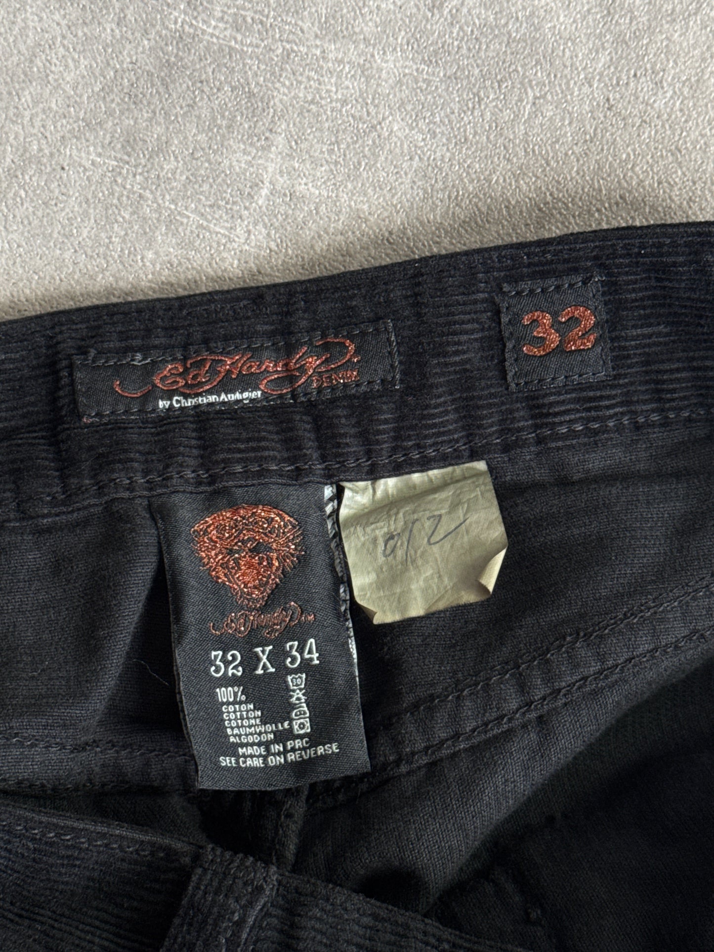Ed Hardy Black Gold Foil Graphic Corduroy Trousers