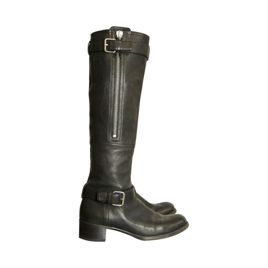 Miu Miu Brown Leather Knee Length Buckled Boots