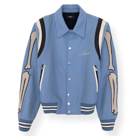 AMIRI BONES WOOL VARSITY BOMBER JACKET BABY BLUE L | Large, Blue