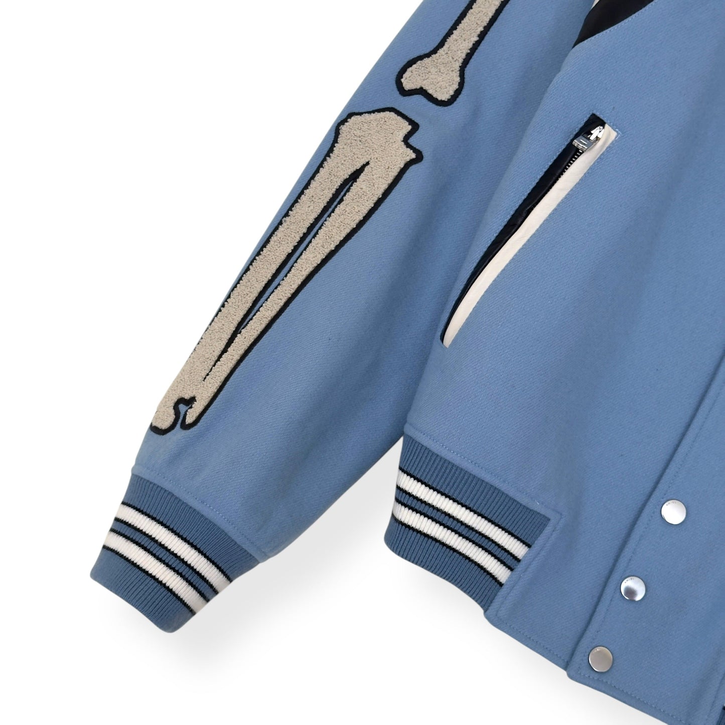 AMIRI BONES WOOL VARSITY BOMBER JACKET BABY BLUE L | Large, Blue