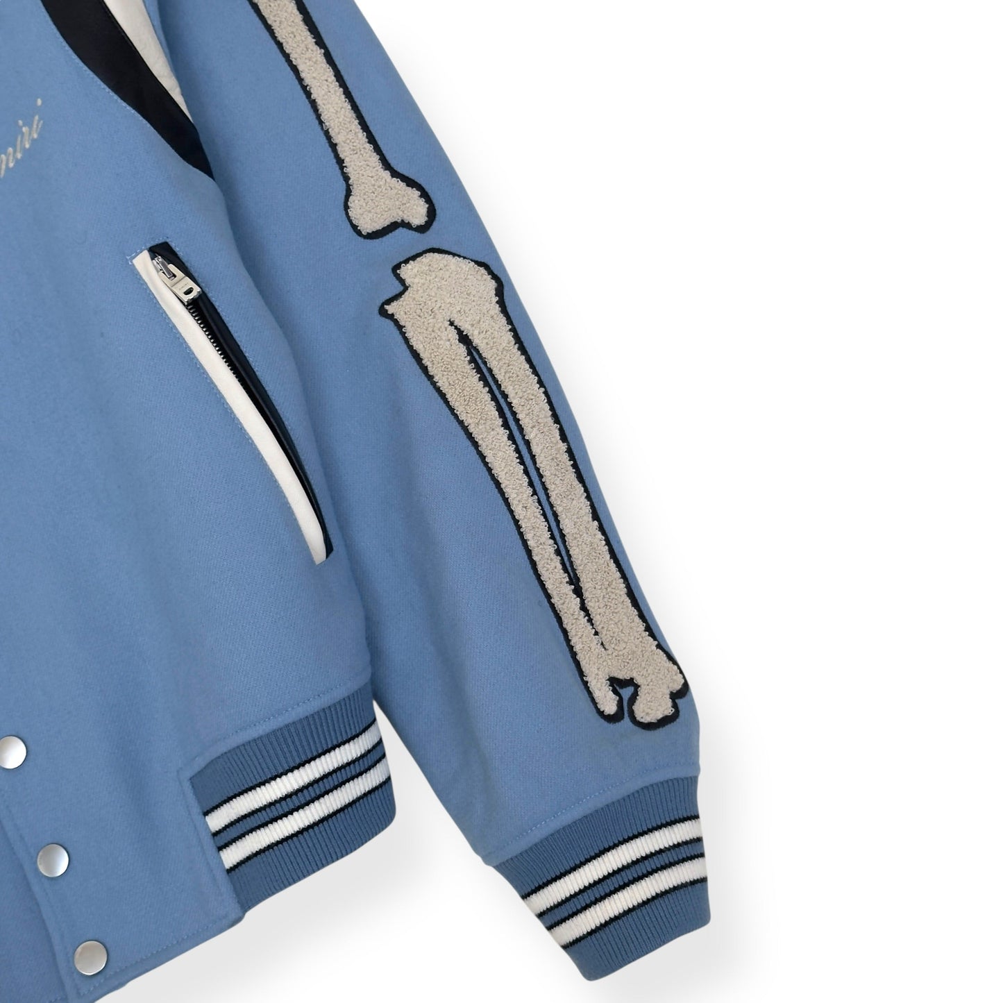 AMIRI BONES WOOL VARSITY BOMBER JACKET BABY BLUE L | Large, Blue