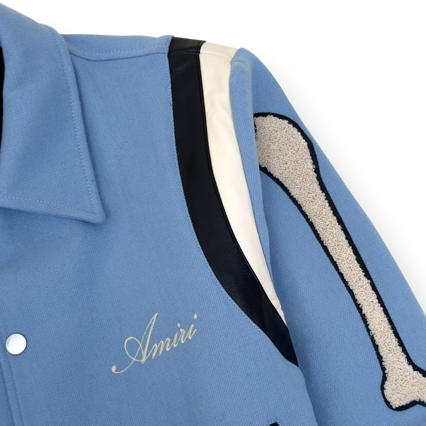 AMIRI BONES WOOL VARSITY BOMBER JACKET BABY BLUE L | Large, Blue