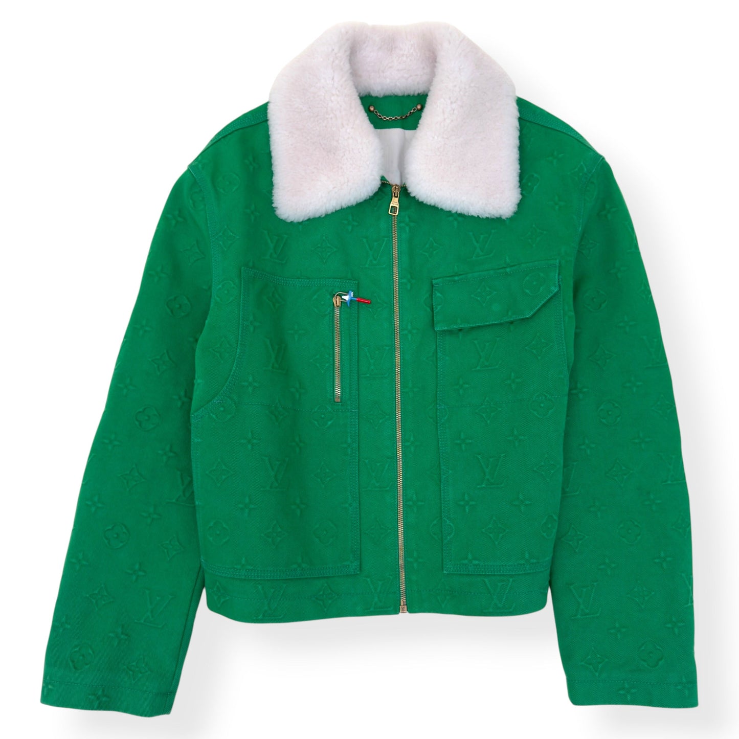 LOUIS VUITTON MONOGRAM EMBOSSED SHEARLING COLLAR ZIP JACKET GREEN 50 / M | Medium, Green