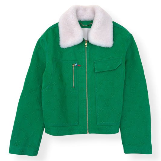 LOUIS VUITTON MONOGRAM EMBOSSED SHEARLING COLLAR ZIP JACKET GREEN 50 / M | Medium, Green