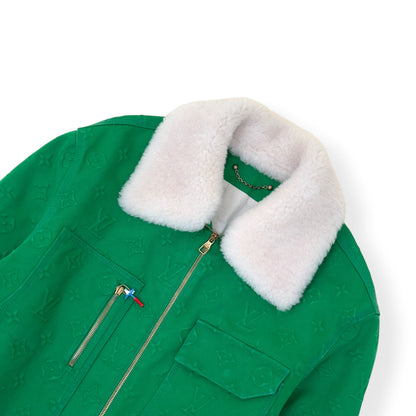 LOUIS VUITTON MONOGRAM EMBOSSED SHEARLING COLLAR ZIP JACKET GREEN 50 / M | Medium, Green