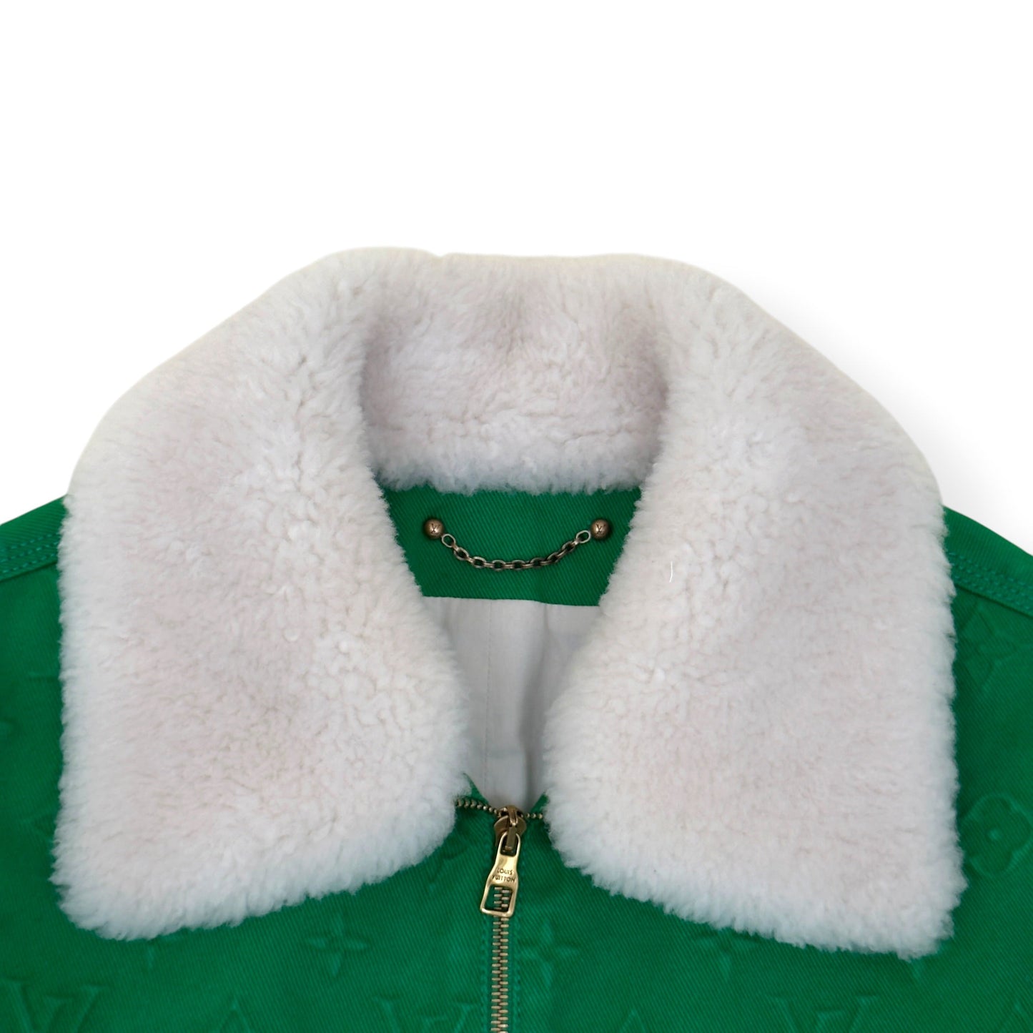 LOUIS VUITTON MONOGRAM EMBOSSED SHEARLING COLLAR ZIP JACKET GREEN 50 / M | Medium, Green