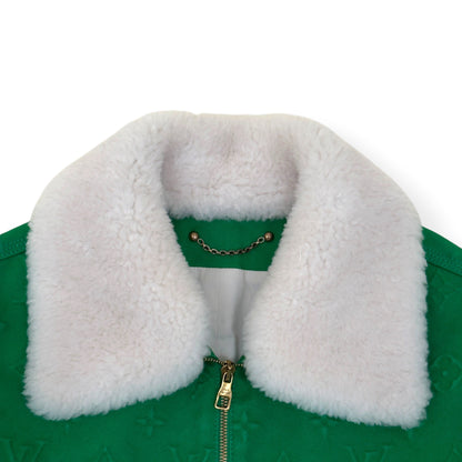 LOUIS VUITTON MONOGRAM EMBOSSED SHEARLING COLLAR ZIP JACKET GREEN 50 / M | Medium, Green