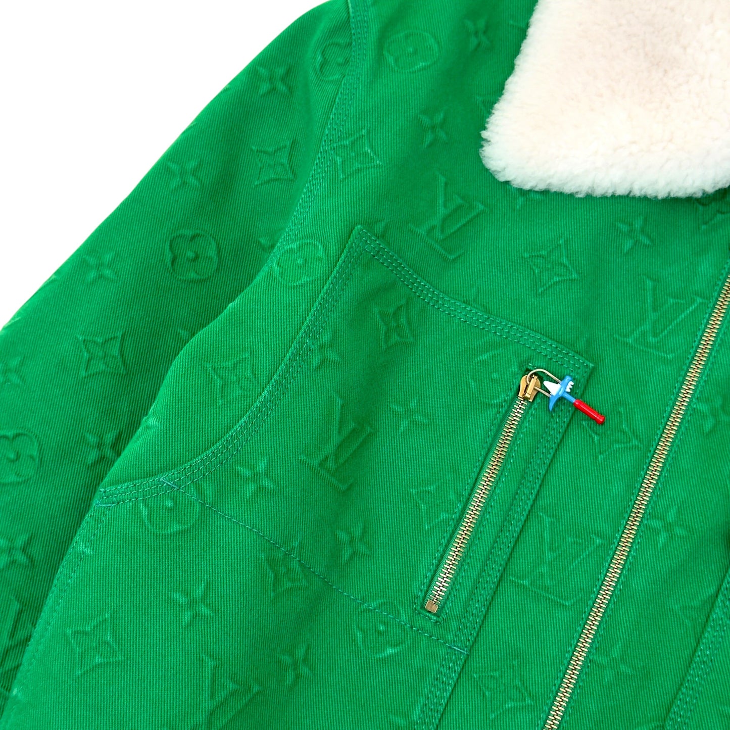 LOUIS VUITTON MONOGRAM EMBOSSED SHEARLING COLLAR ZIP JACKET GREEN 50 / M | Medium, Green