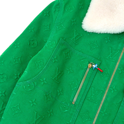 LOUIS VUITTON MONOGRAM EMBOSSED SHEARLING COLLAR ZIP JACKET GREEN 50 / M | Medium, Green