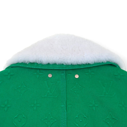 LOUIS VUITTON MONOGRAM EMBOSSED SHEARLING COLLAR ZIP JACKET GREEN 50 / M | Medium, Green