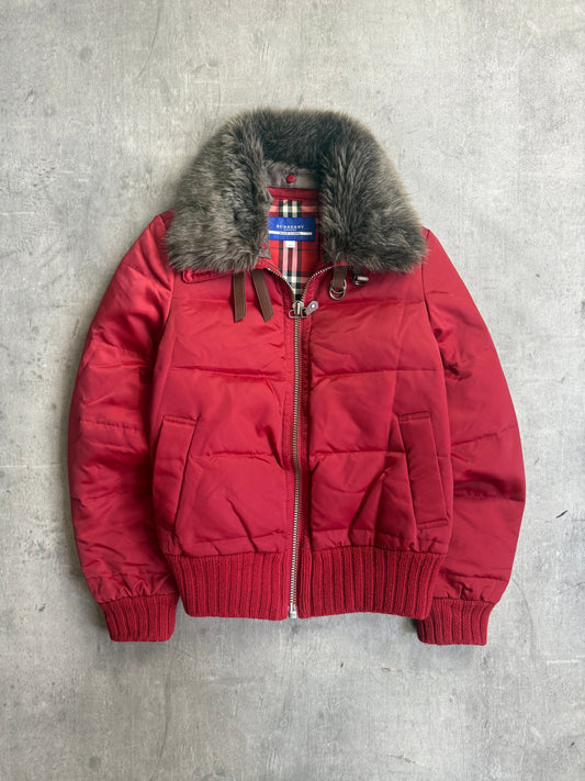 Burberry Blue Label Fur Collar Red Quilted Jacket Cropped