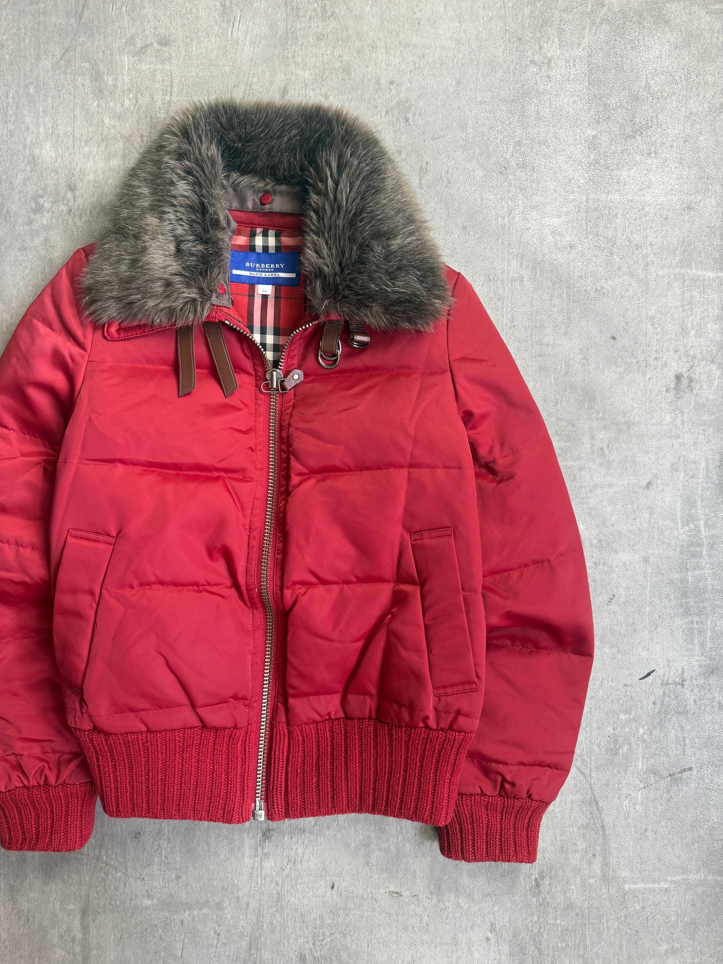 Burberry Blue Label Fur Collar Red Quilted Jacket Cropped