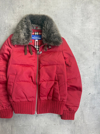 Burberry Blue Label Fur Collar Red Quilted Jacket Cropped