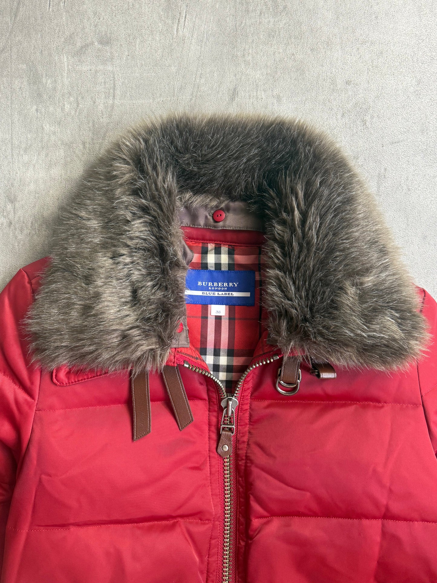 Burberry Blue Label Fur Collar Red Quilted Jacket Cropped