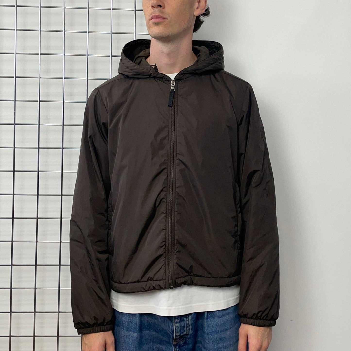 Prada Sport Brown 2007 Sleeve Spellout Nylon Hooded Windbreaker Jacket | X-Large, Brown