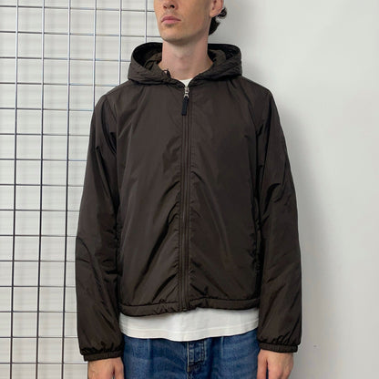 Prada Sport Brown 2007 Sleeve Spellout Nylon Hooded Windbreaker Jacket | X-Large, Brown