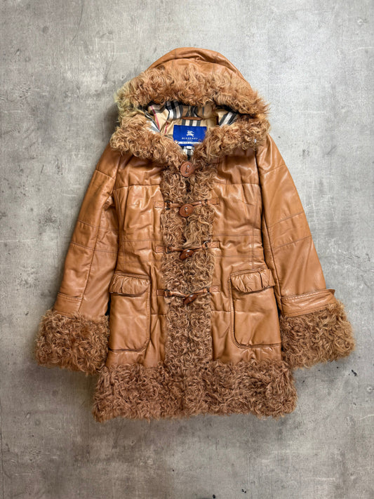 Burberry Blue Label Mongolian Lambs Fur Brown Hooded Coat