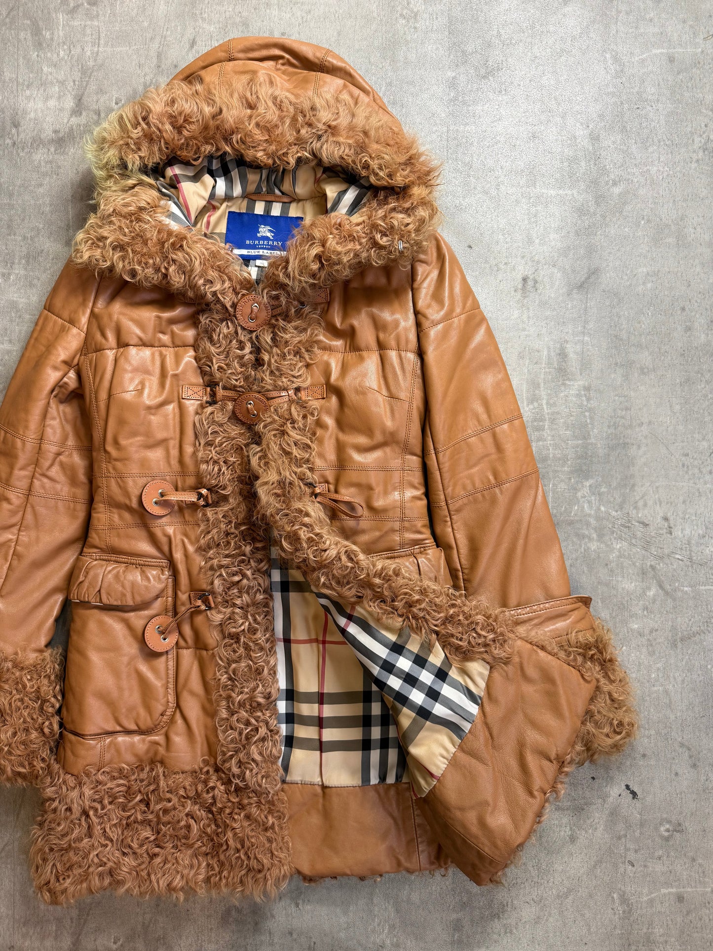 Burberry Blue Label Mongolian Lambs Fur Brown Hooded Coat