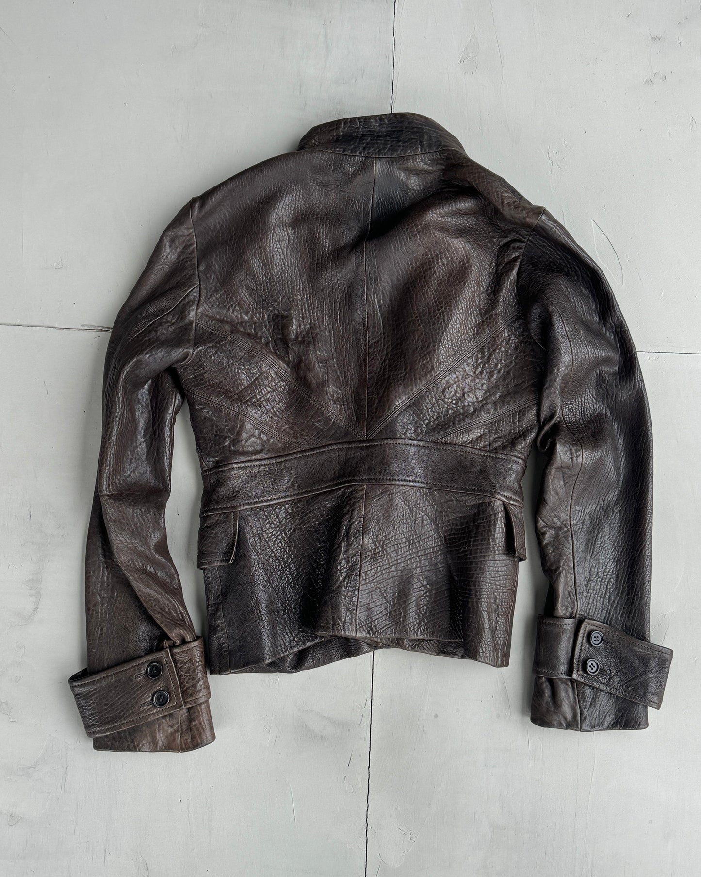 FARHI ASYMMETRIC BUTTON UP LEATHER JACKET - M | Medium, Brown
