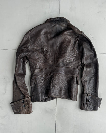 FARHI ASYMMETRIC BUTTON UP LEATHER JACKET - M | Medium, Brown