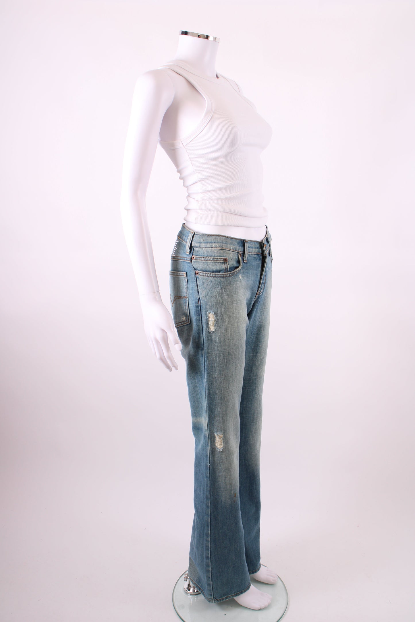Versace Jeans Couture Vintage Rhinestone Logo Jeans Denim 26W | O/S, Light Wash Blue