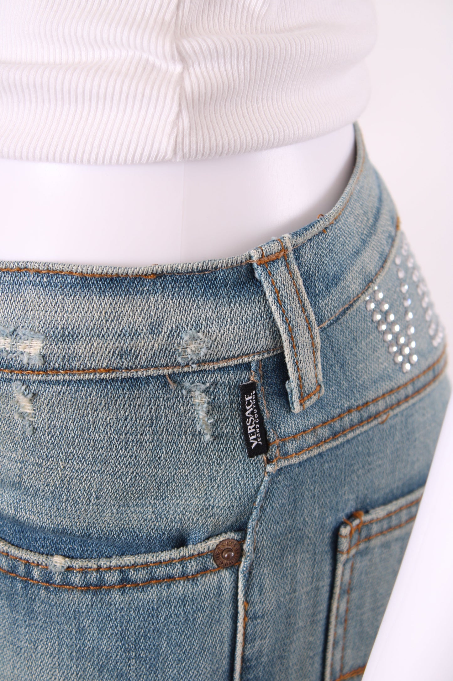 Versace Jeans Couture Vintage Rhinestone Logo Jeans Denim 26W | O/S, Light Wash Blue