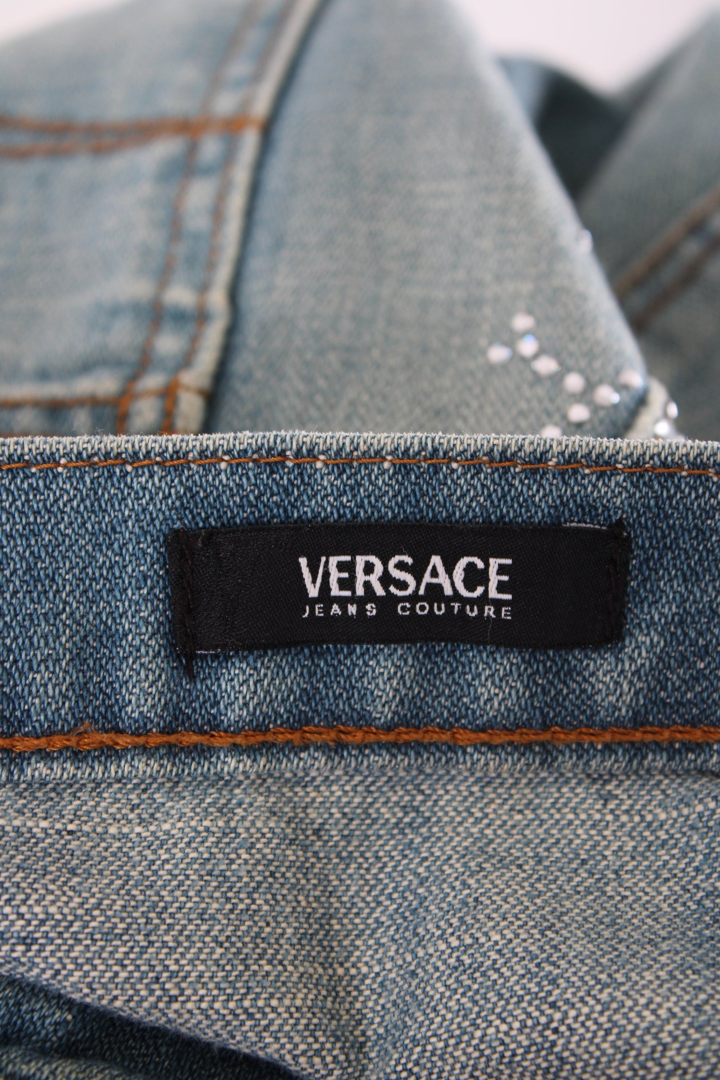 Versace Jeans Couture Vintage Rhinestone Logo Jeans Denim 26W | O/S, Light Wash Blue