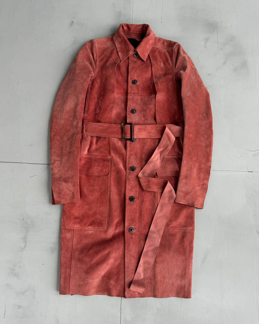 RICK OWENS LARRY FW19 LEATHER SUEDE LEATHER TRENCH COAT - S