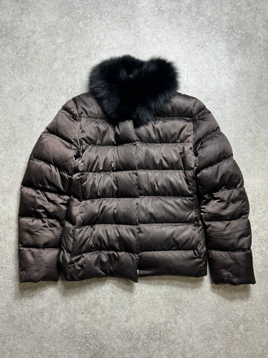 Prada Blue Fox Fur Collar Satin Puffer Down Jacket