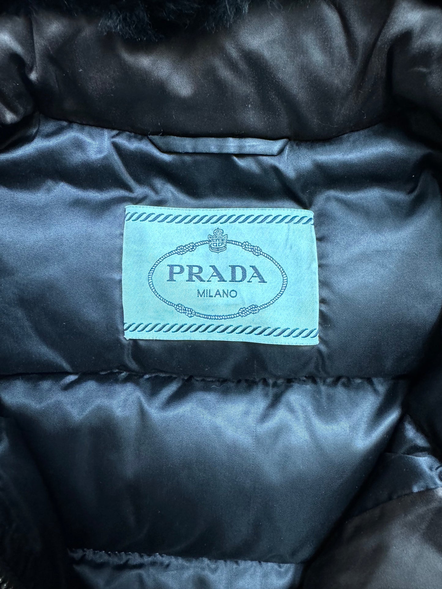 Prada Blue Fox Fur Collar Satin Puffer Down Jacket