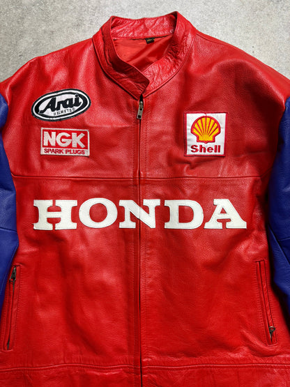 Honda Logo Spellout Embroidered Leather Racing Jacket